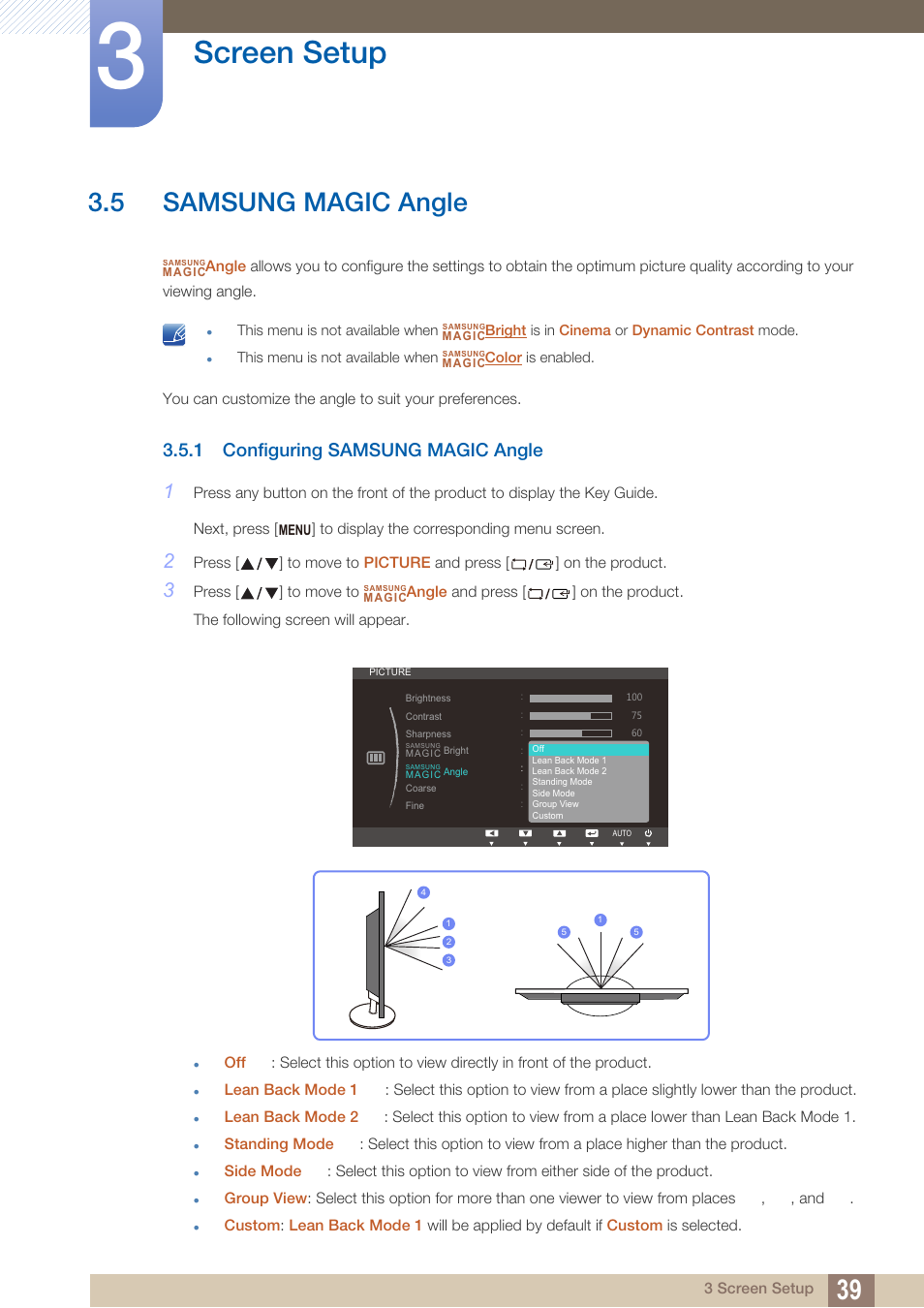 5 samsung magic angle, 1 configuring samsung magic angle, Samsung magic angle | Configuring samsung magic angle, Angle, Samsung, Magic, Screen setup | Samsung LS19B220NW-ZA User Manual | Page 39 / 93