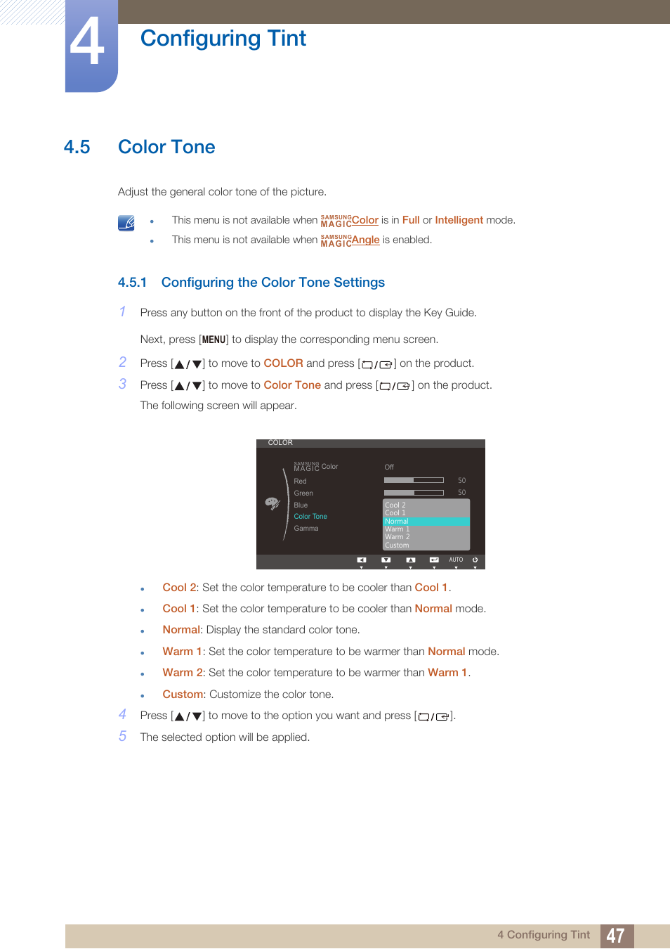 5 color tone, 1 configuring the color tone settings, Color tone | Configuring the color tone settings, Configuring tint | Samsung LS19B220NW-ZA User Manual | Page 47 / 93