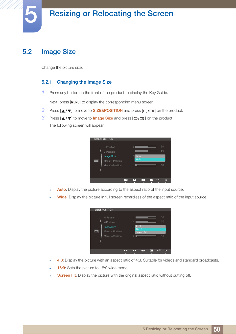 2 image size, 1 changing the image size, Image size | Changing the image size, Resizing or relocating the screen | Samsung LS19B220NW-ZA User Manual | Page 50 / 93