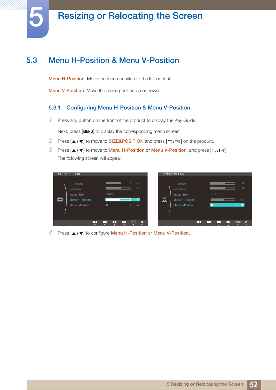 3 menu h-position & menu v-position, 1 configuring menu h-position & menu v-position, Menu h-position & menu v-position | Configuring menu h-position & menu v- position, Resizing or relocating the screen | Samsung LS19B220NW-ZA User Manual | Page 52 / 93