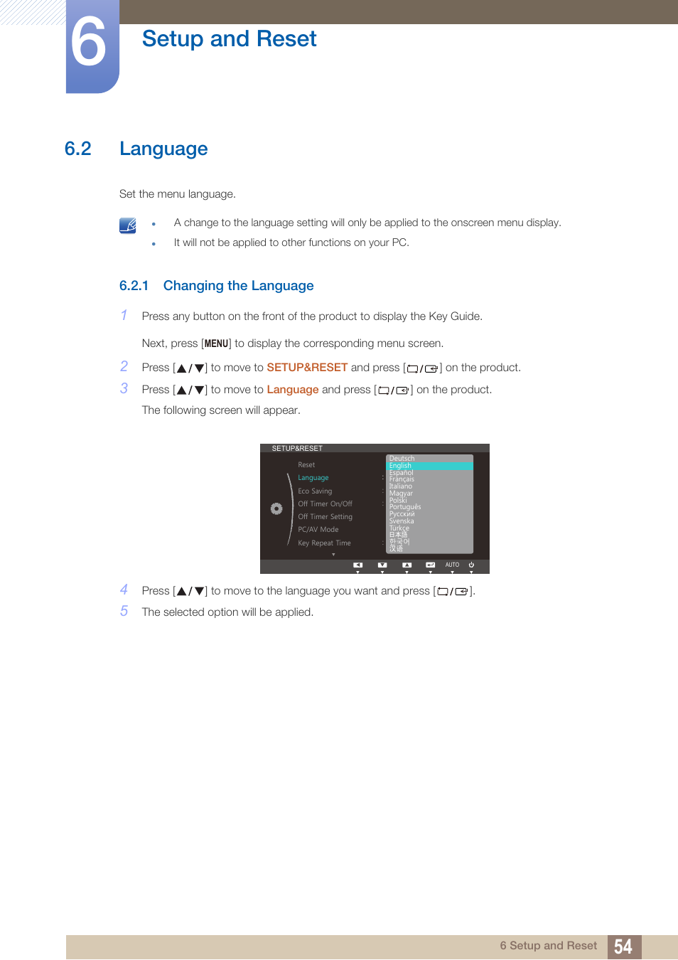 2 language, 1 changing the language, Language | Changing the language, Setup and reset | Samsung LS19B220NW-ZA User Manual | Page 54 / 93
