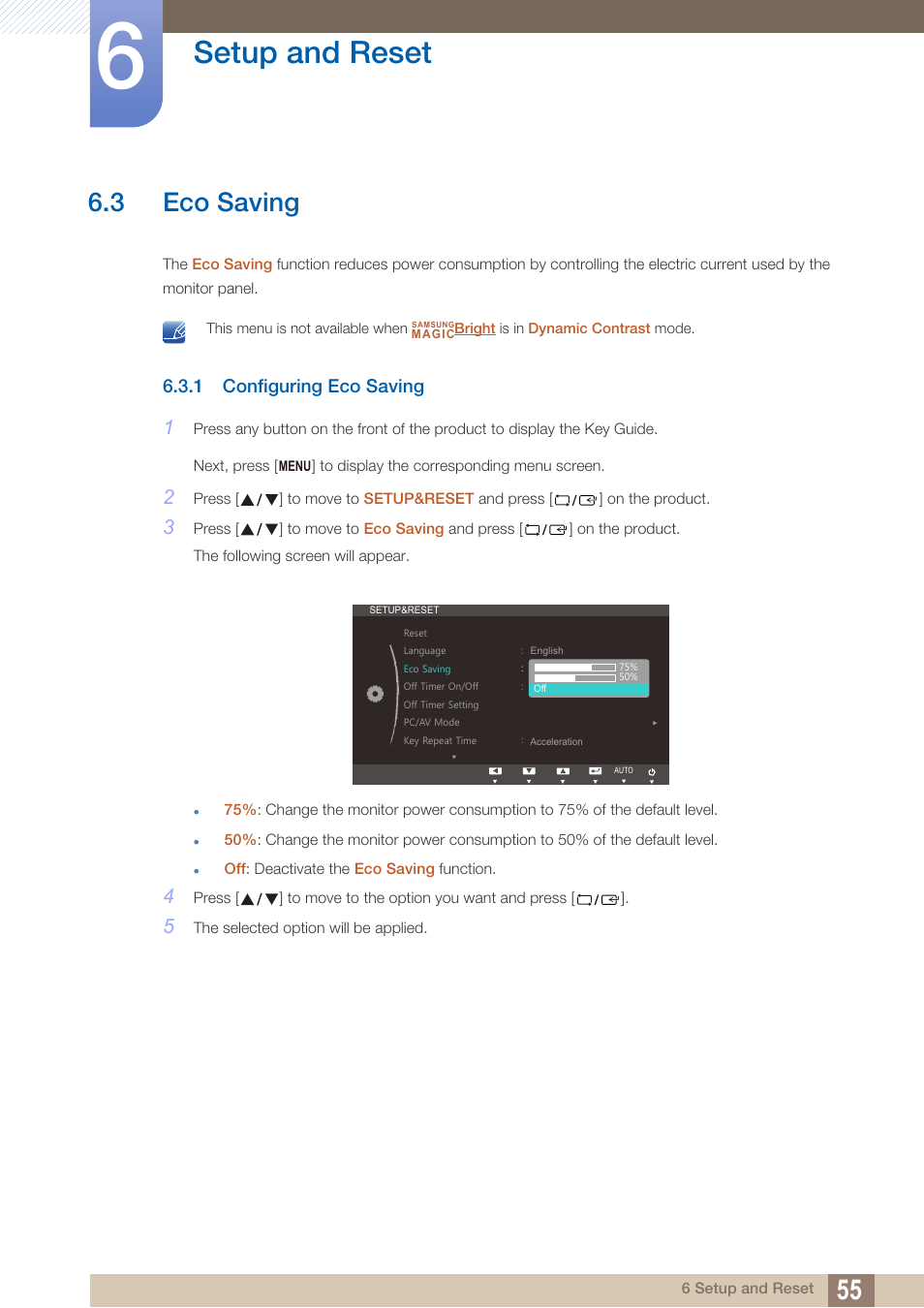 3 eco saving, 1 configuring eco saving, Eco saving | Configuring eco saving, Setup and reset | Samsung LS19B220NW-ZA User Manual | Page 55 / 93