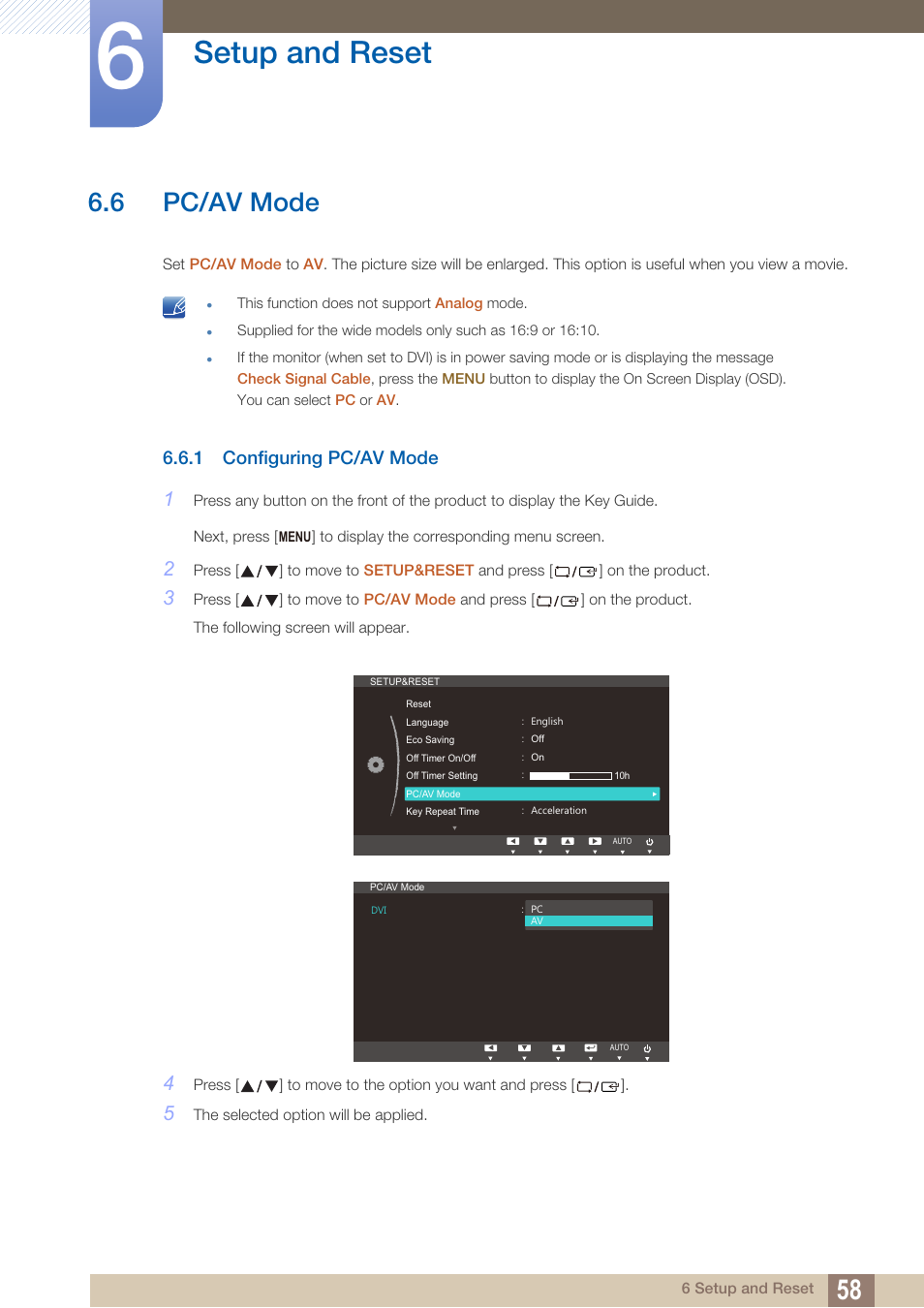 6 pc/av mode, 1 configuring pc/av mode, Pc/av mode | Configuring pc/av mode, Setup and reset | Samsung LS19B220NW-ZA User Manual | Page 58 / 93