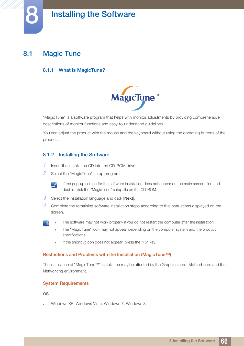 Installing the software, 1 magic tune, 1 what is magictune | 2 installing the software, Installing the, Software, Magic tune, What is magictune | Samsung LS19B220NW-ZA User Manual | Page 66 / 93