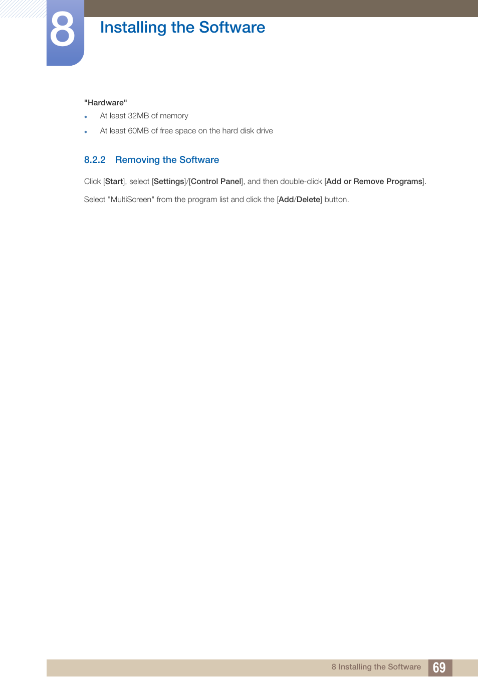 2 removing the software, Removing the software, Installing the software | Samsung LS19B220NW-ZA User Manual | Page 69 / 93