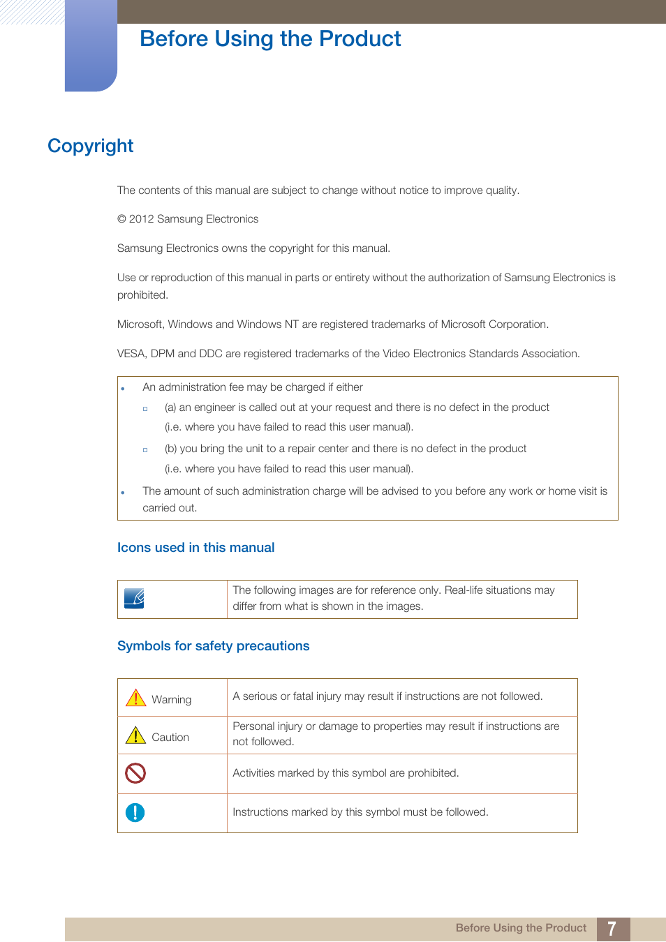 Before using the product, Copyright, Icons used in this manual | Symbols for safety precautions, Before using the, Product | Samsung LS19B220NW-ZA User Manual | Page 7 / 93