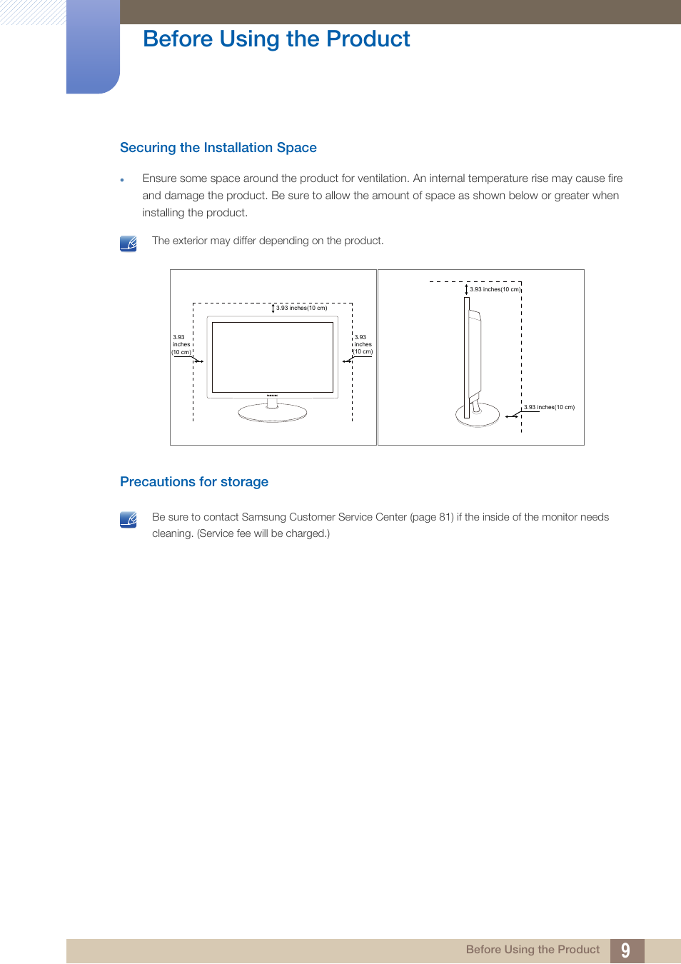 Securing the installation space, Precautions for storage, Before using the product | Samsung LS19B220NW-ZA User Manual | Page 9 / 93