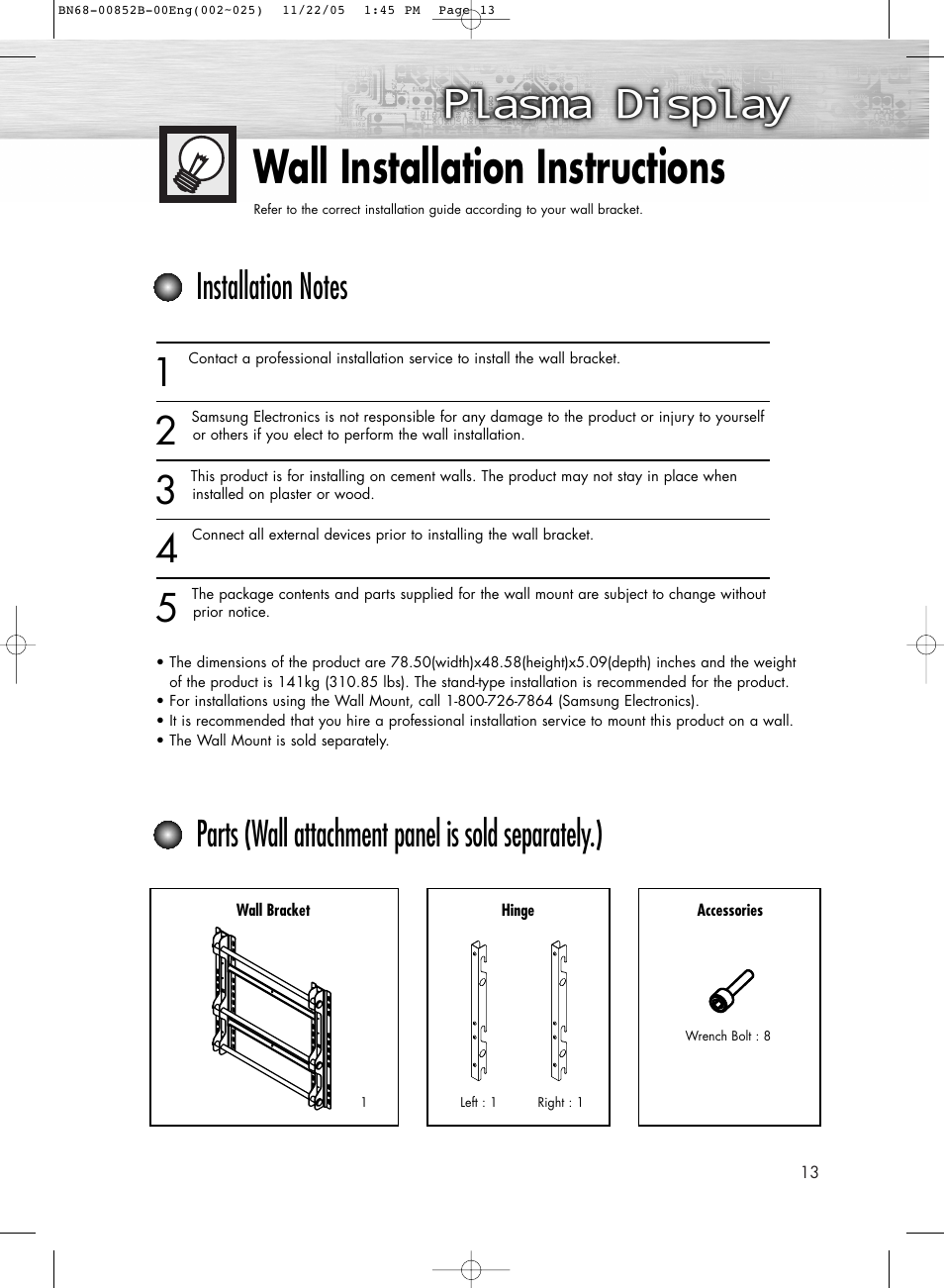 Wall installation instructions | Samsung HPR8082X-XAA User Manual | Page 13 / 92