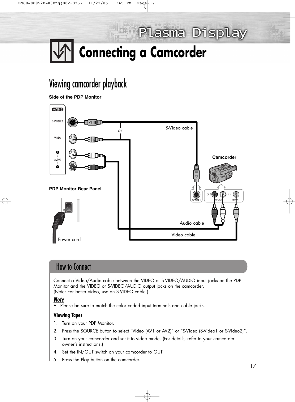 Connecting a camcorder, Viewing camcorder playback, How to connect | Samsung HPR8082X-XAA User Manual | Page 17 / 92