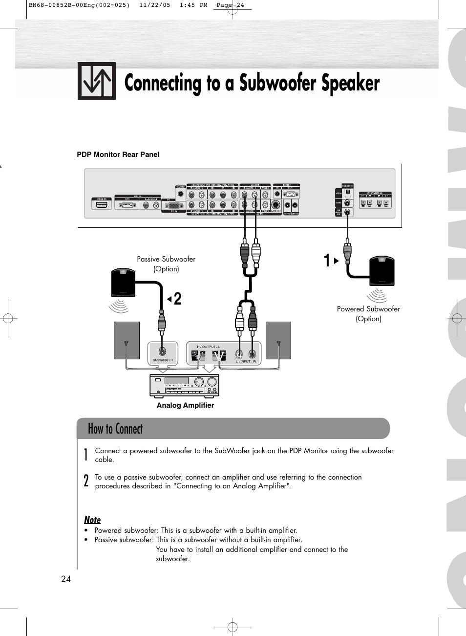 Connecting to a subwoofer speaker, How to connect | Samsung HPR8082X-XAA User Manual | Page 24 / 92