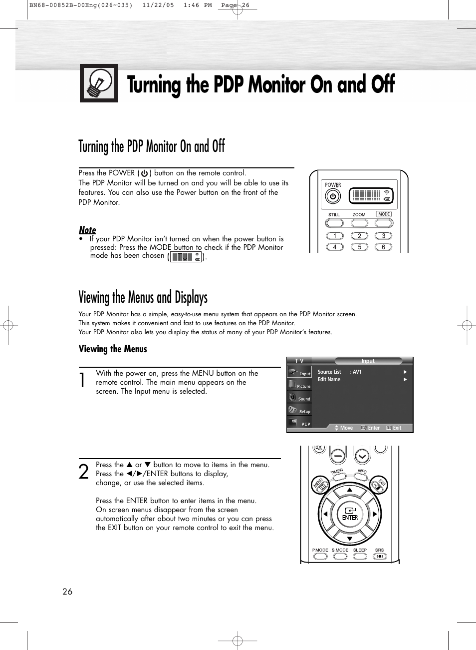 Operation, Turning the pdp monitor on and off, Viewing the menus and displays | Samsung HPR8082X-XAA User Manual | Page 26 / 92