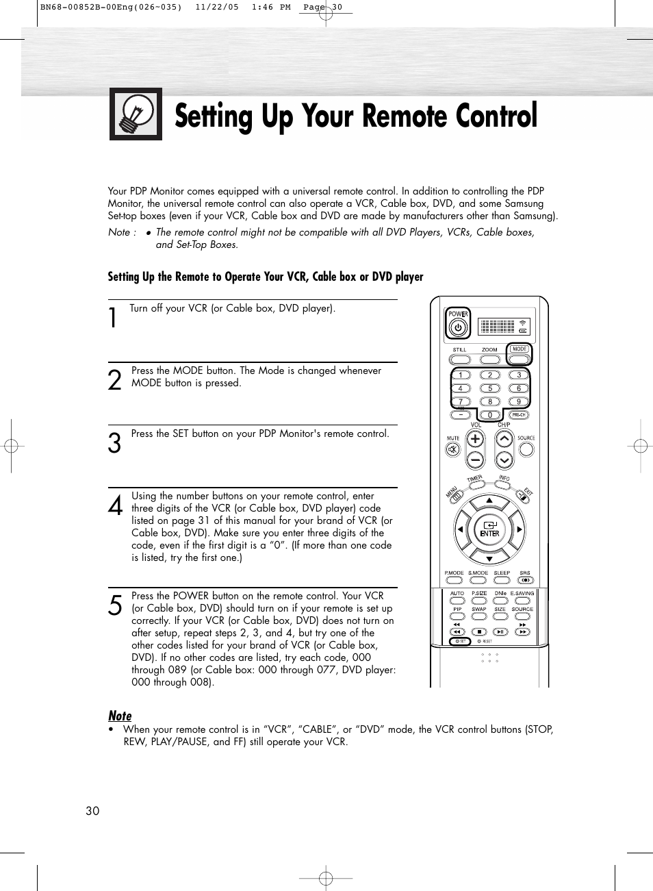 Setting up your remote control | Samsung HPR8082X-XAA User Manual | Page 30 / 92