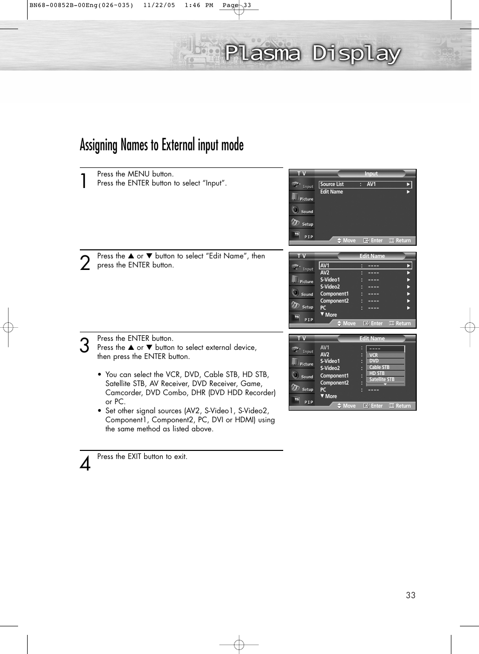 Assigning names to external input mode | Samsung HPR8082X-XAA User Manual | Page 33 / 92