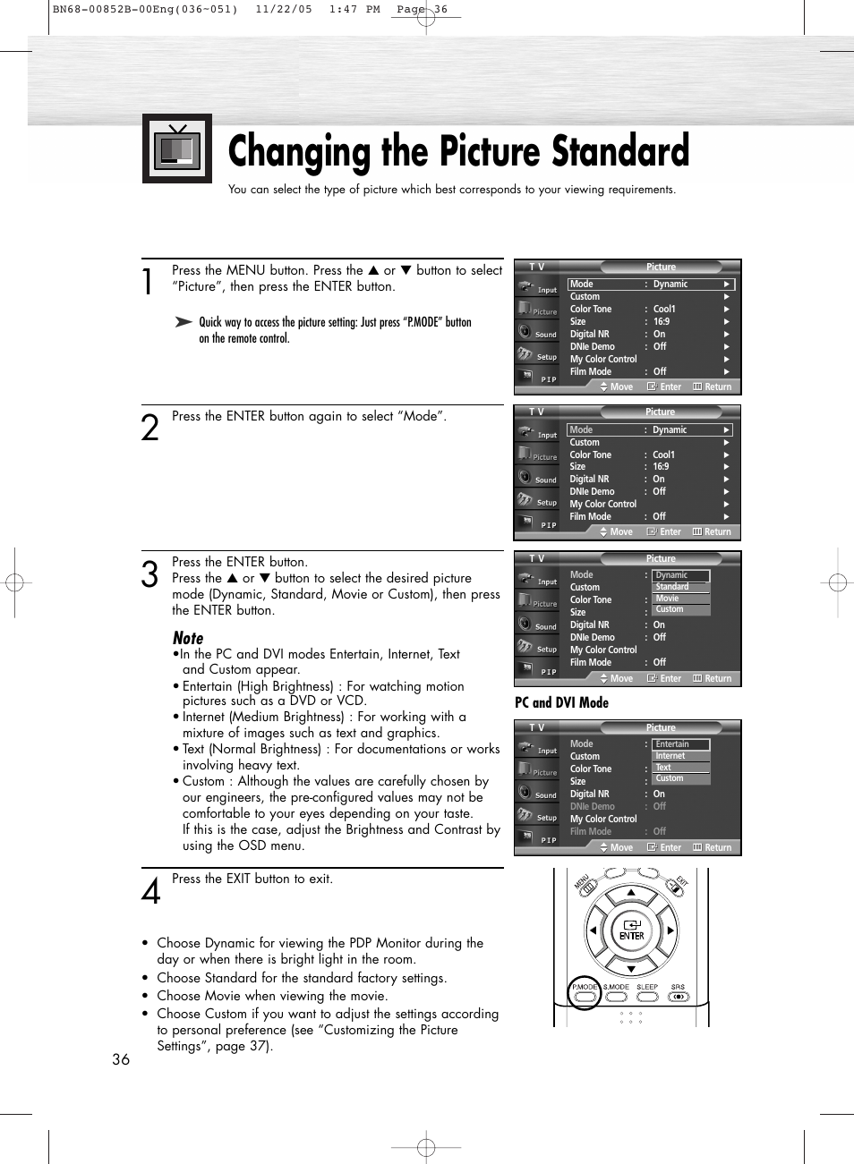 Picture control, Changing the picture standard | Samsung HPR8082X-XAA User Manual | Page 36 / 92