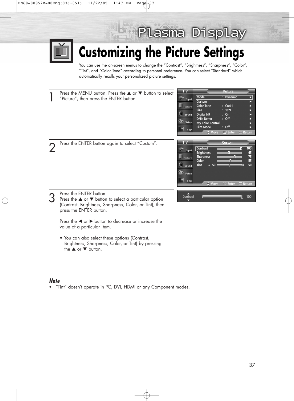 Customizing the picture settings | Samsung HPR8082X-XAA User Manual | Page 37 / 92