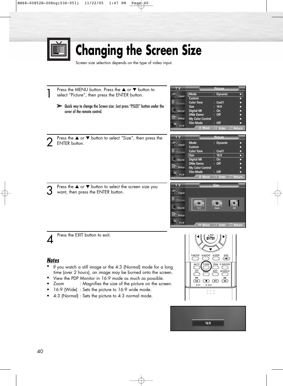 Changing the screen size | Samsung HPR8082X-XAA User Manual | Page 40 / 92