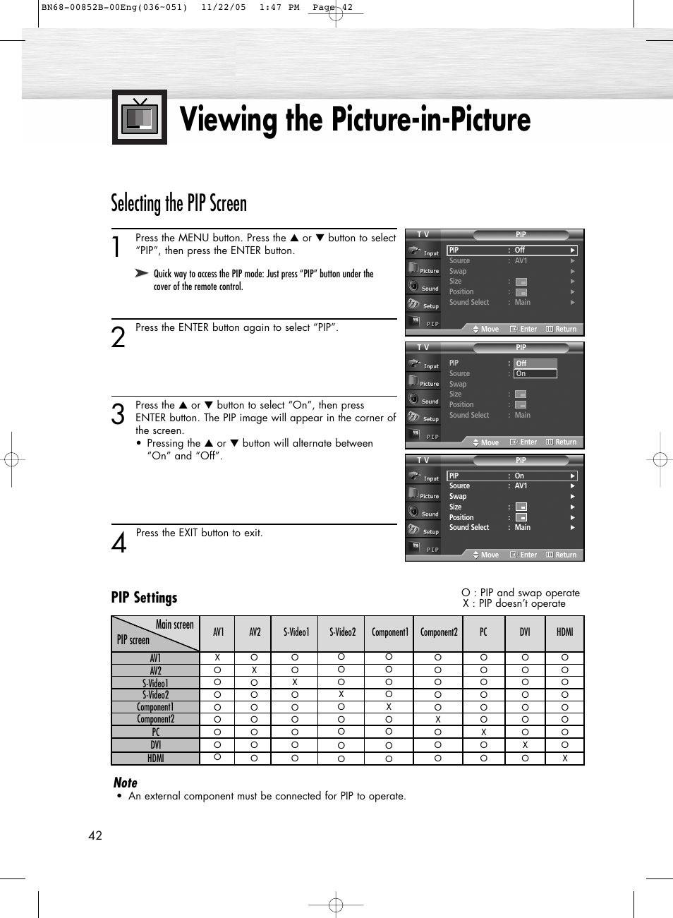 Viewing the picture-in-picture, Selecting the pip screen, Pip settings | Pip screen main screen | Samsung HPR8082X-XAA User Manual | Page 42 / 92
