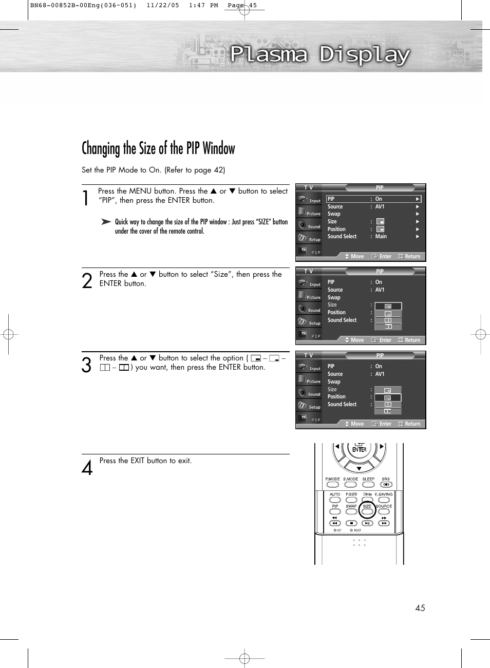 Changing the size of the pip window | Samsung HPR8082X-XAA User Manual | Page 45 / 92