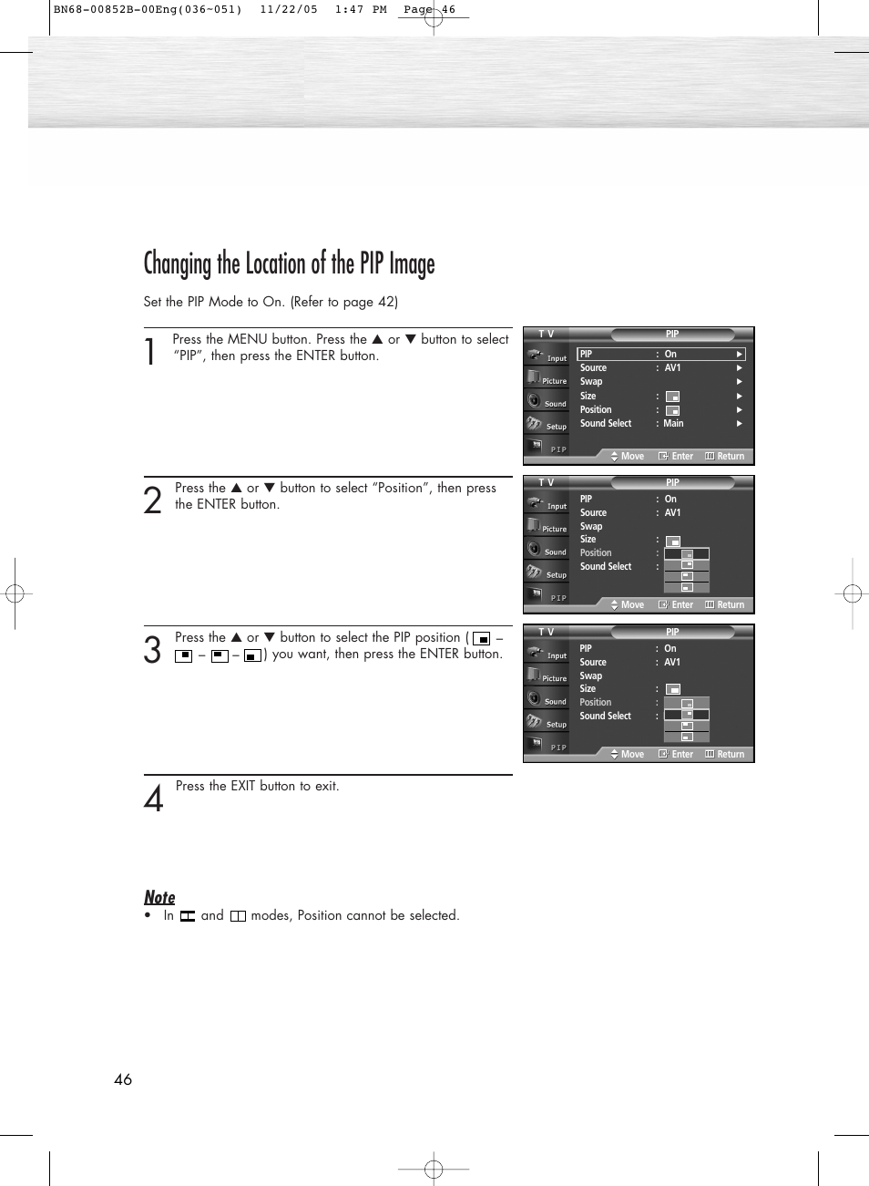 Changing the location of the pip image | Samsung HPR8082X-XAA User Manual | Page 46 / 92
