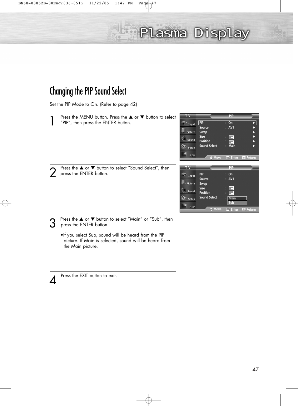 Changing the pip sound select | Samsung HPR8082X-XAA User Manual | Page 47 / 92