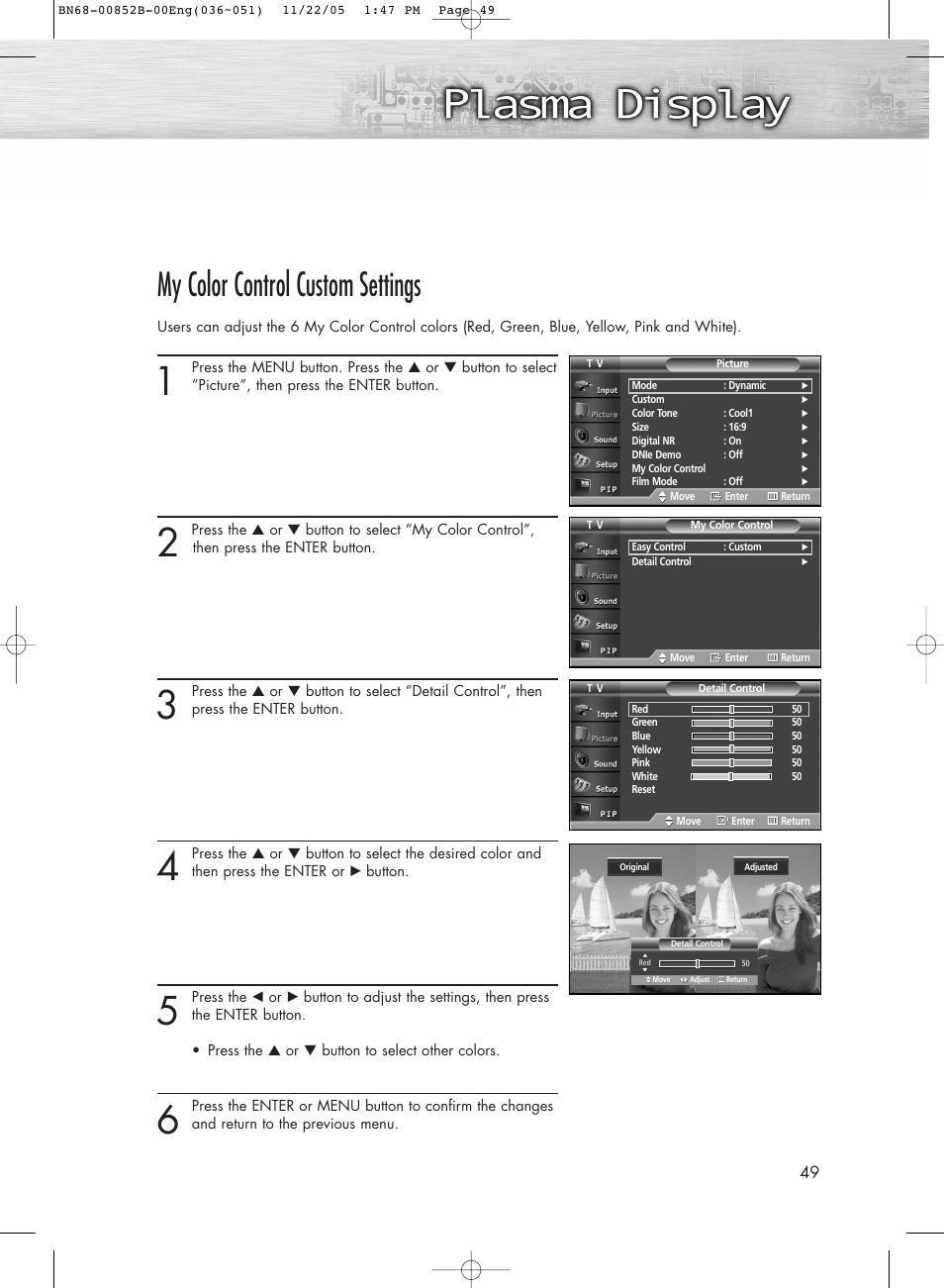 My color control custom settings | Samsung HPR8082X-XAA User Manual | Page 49 / 92