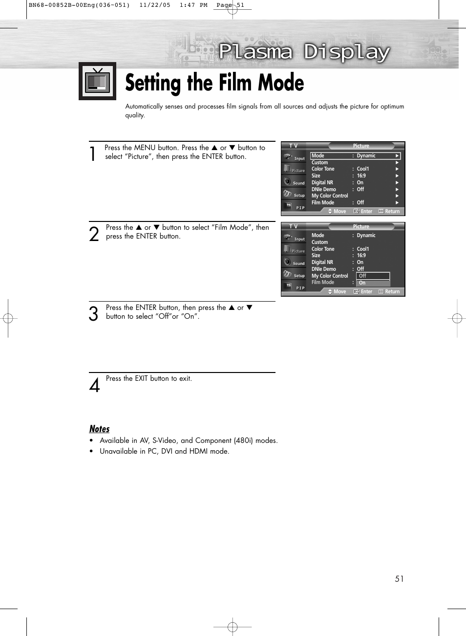 Setting the film mode | Samsung HPR8082X-XAA User Manual | Page 51 / 92