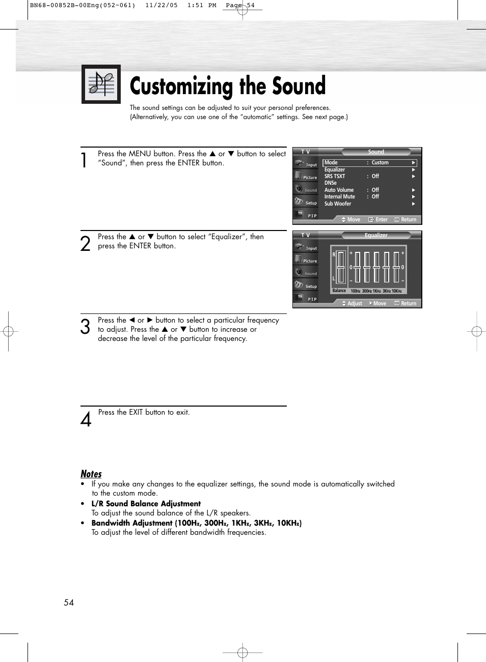 Sound control, Customizing the sound | Samsung HPR8082X-XAA User Manual | Page 54 / 92