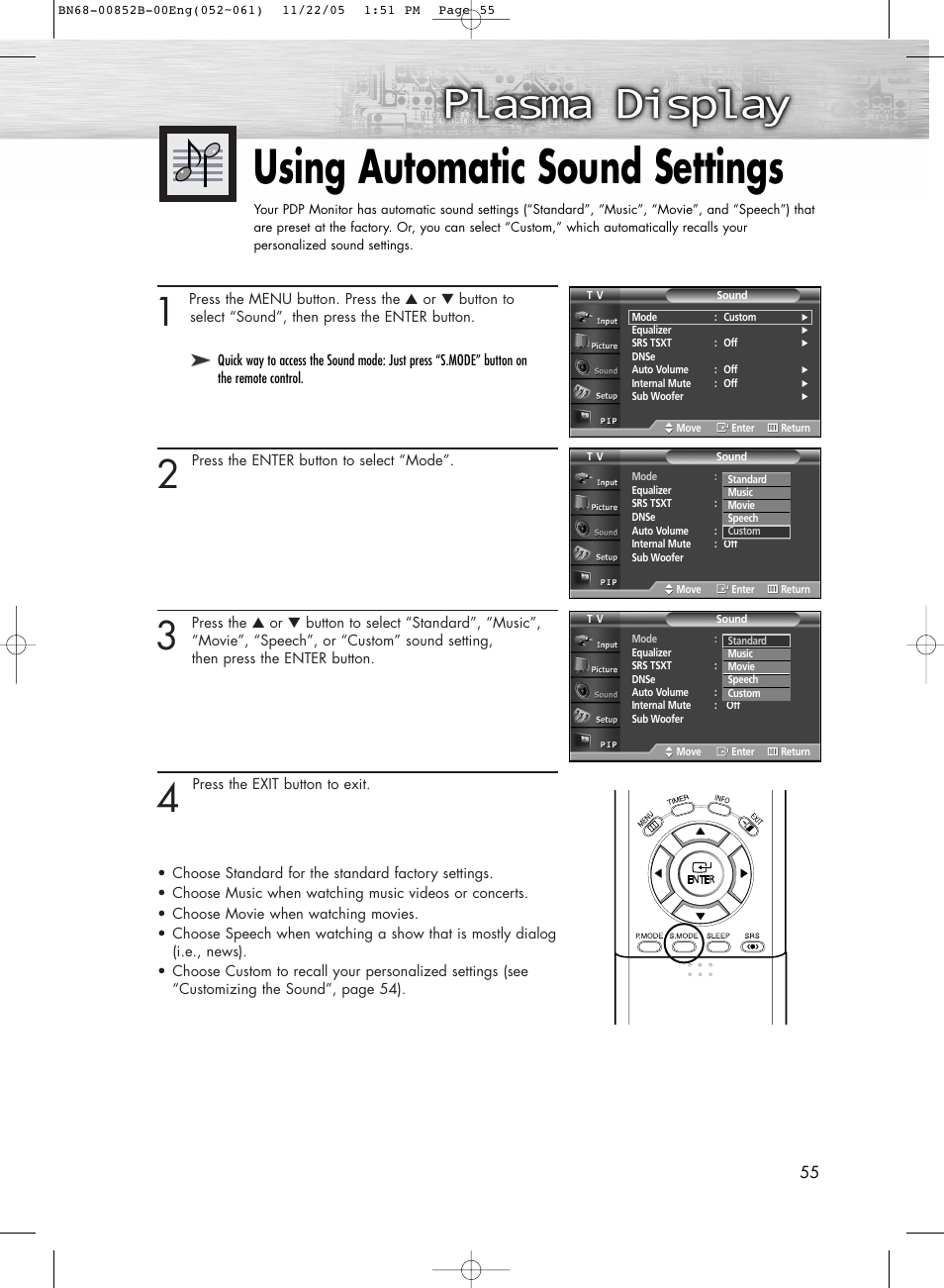 Using automatic sound settings | Samsung HPR8082X-XAA User Manual | Page 55 / 92