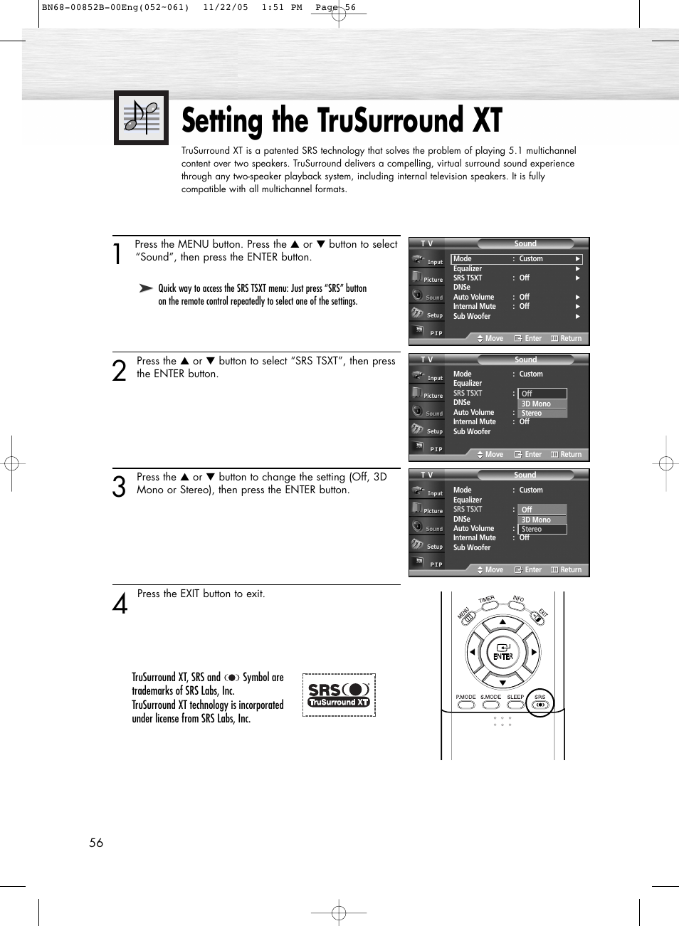 Setting the trusurround xt | Samsung HPR8082X-XAA User Manual | Page 56 / 92