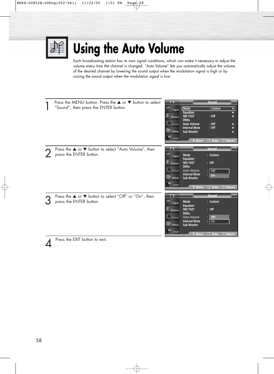 Using the auto volume | Samsung HPR8082X-XAA User Manual | Page 58 / 92