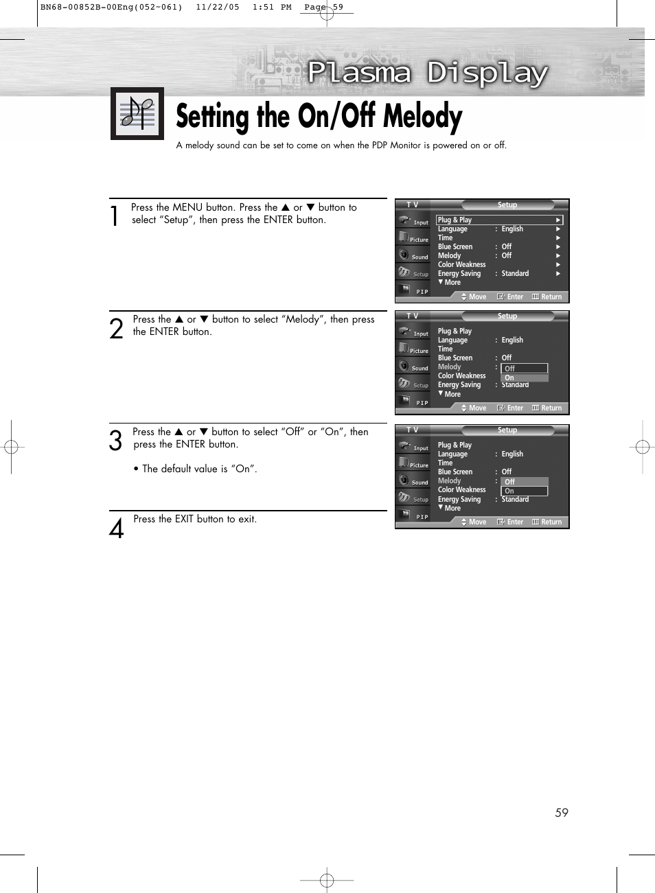 Setting the on/off melody | Samsung HPR8082X-XAA User Manual | Page 59 / 92