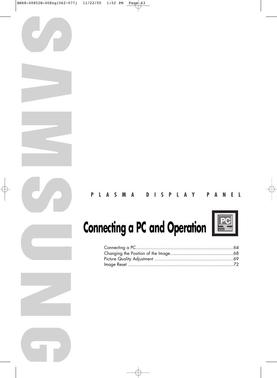 Connecting a pc and operation | Samsung HPR8082X-XAA User Manual | Page 63 / 92