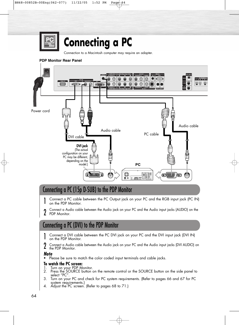 Connecting a pc and operation, Connecting a pc, Connecting a pc (15p d-sub) to the pdp monitor | Connecting a pc (dvi) to the pdp monitor | Samsung HPR8082X-XAA User Manual | Page 64 / 92