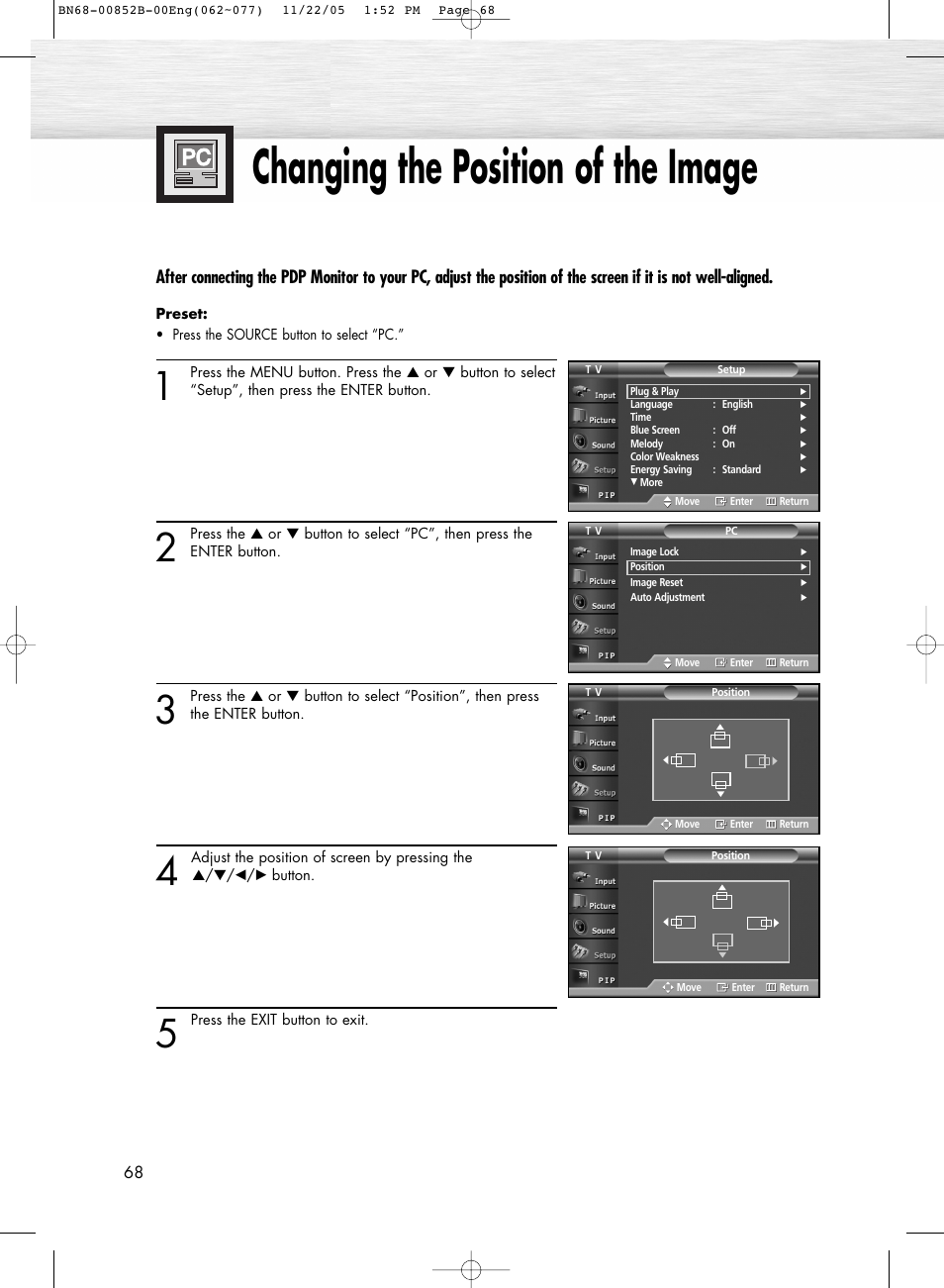 Changing the position of the image | Samsung HPR8082X-XAA User Manual | Page 68 / 92
