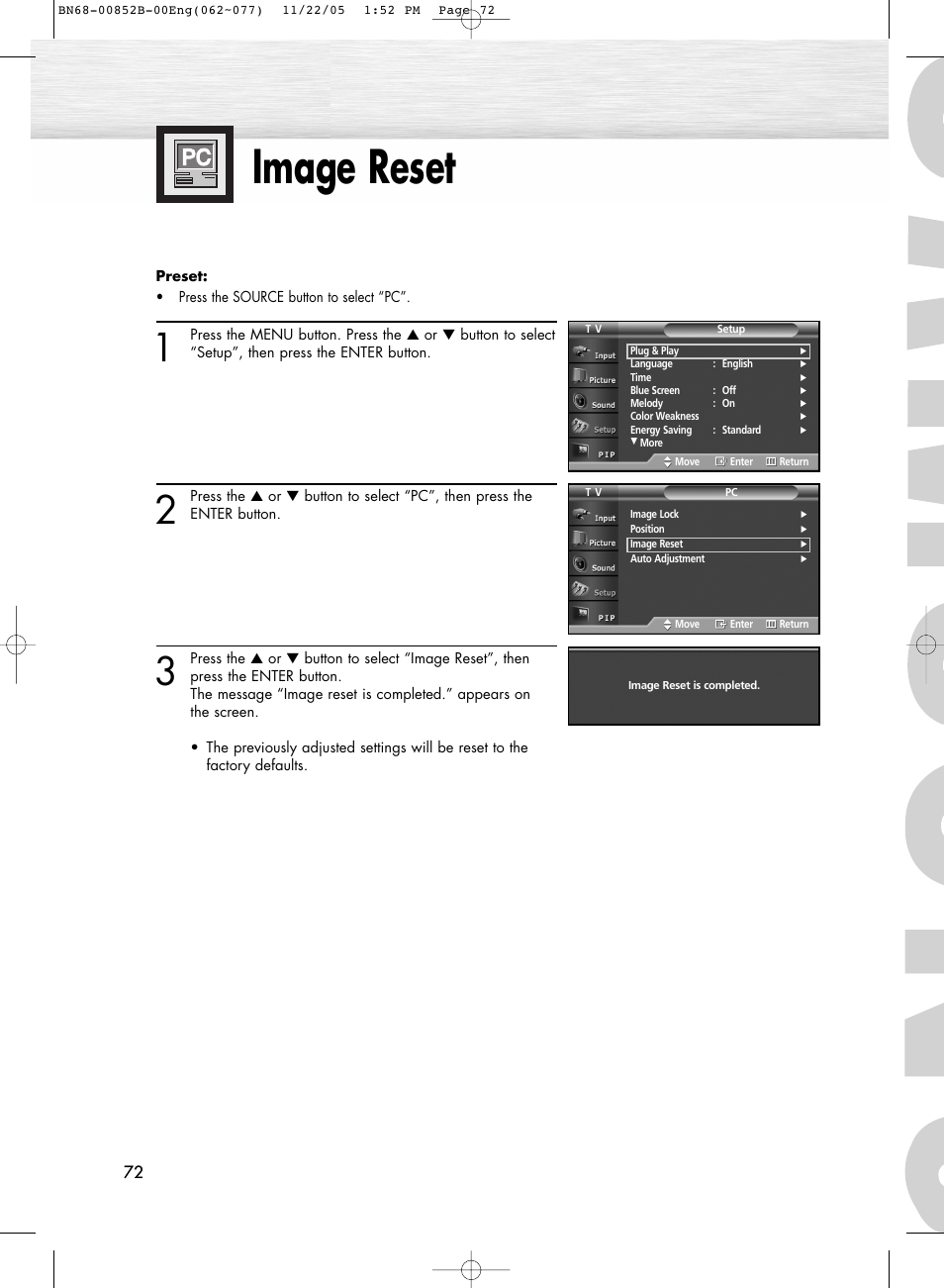 Image reset | Samsung HPR8082X-XAA User Manual | Page 72 / 92