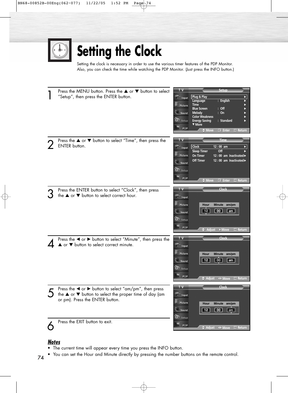Time setting, Setting the clock | Samsung HPR8082X-XAA User Manual | Page 74 / 92