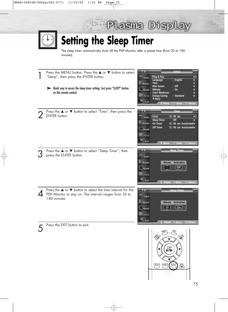 Setting the sleep timer | Samsung HPR8082X-XAA User Manual | Page 75 / 92