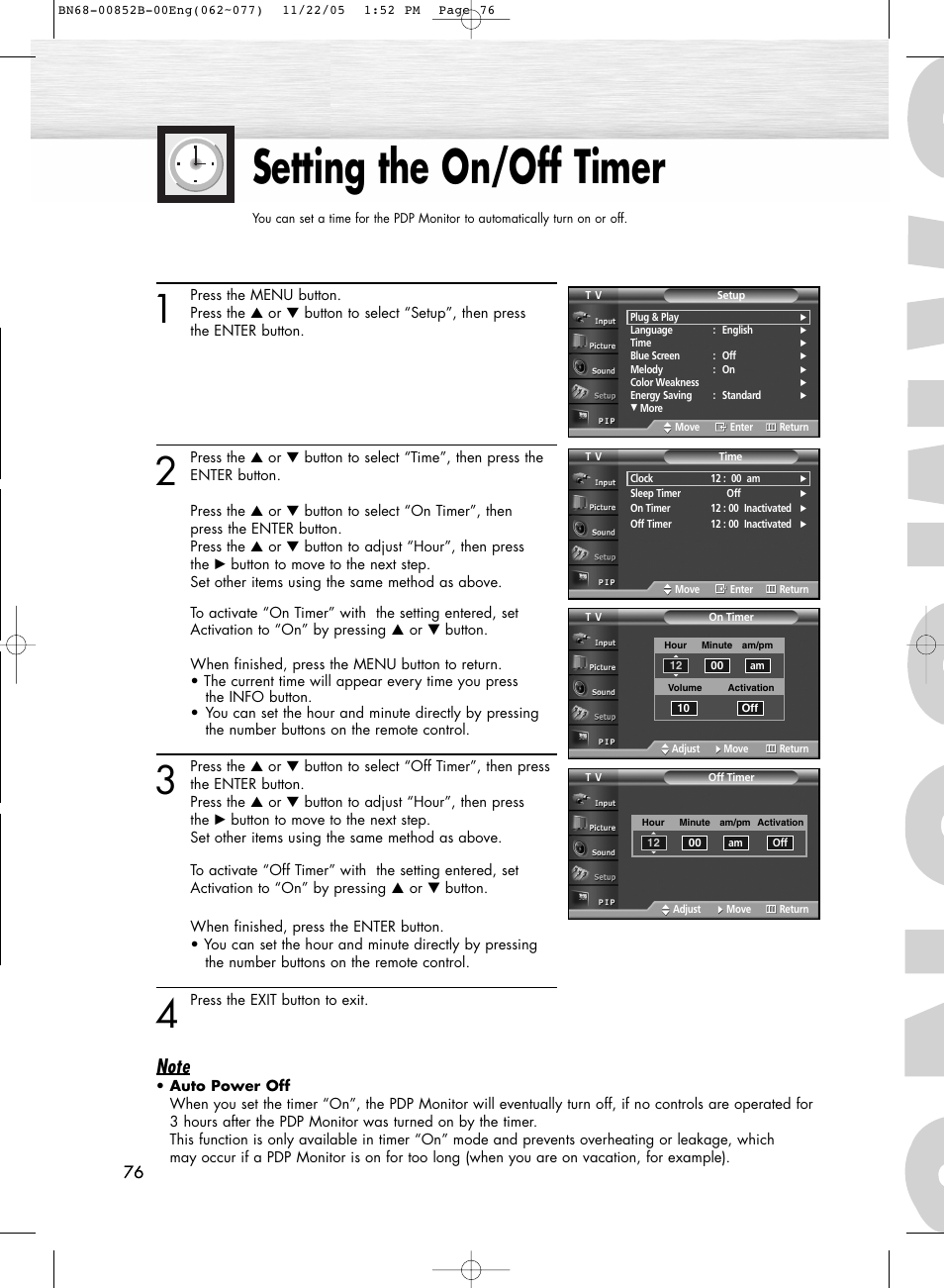 Setting the on/off timer | Samsung HPR8082X-XAA User Manual | Page 76 / 92