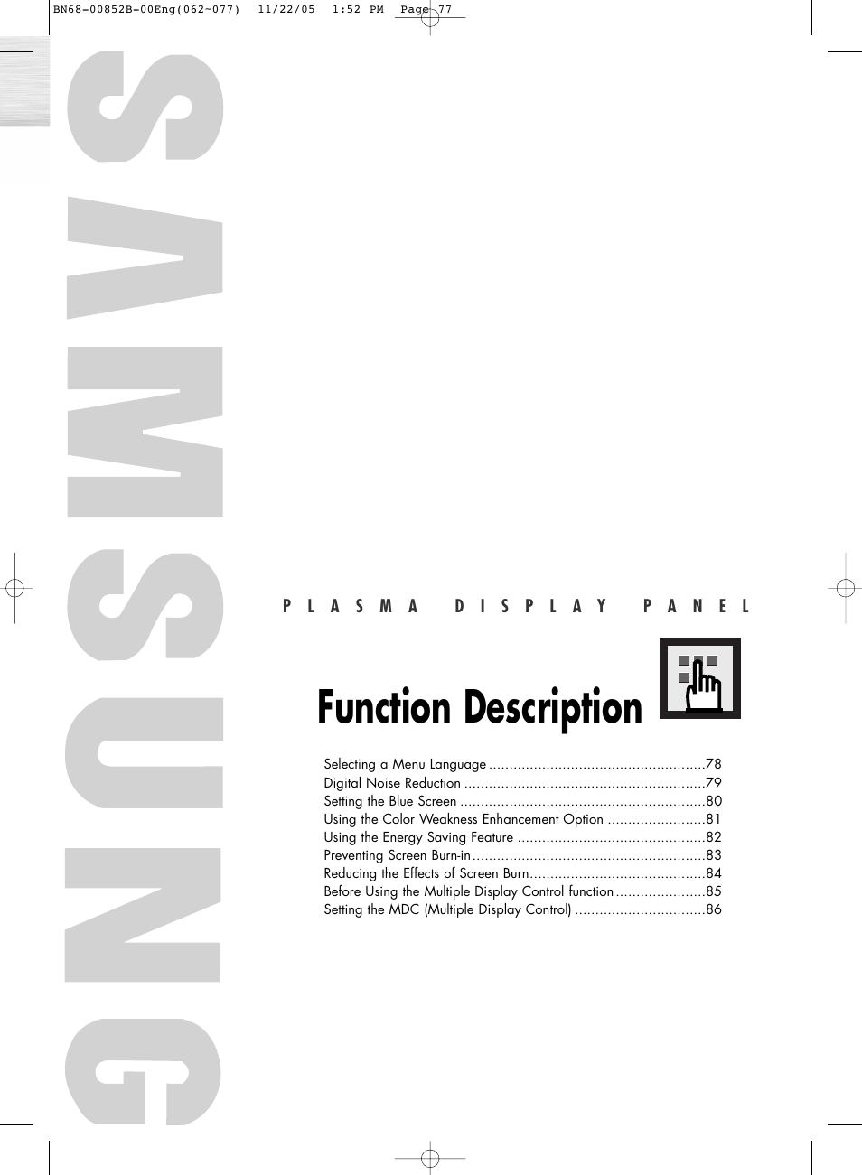 Function description | Samsung HPR8082X-XAA User Manual | Page 77 / 92