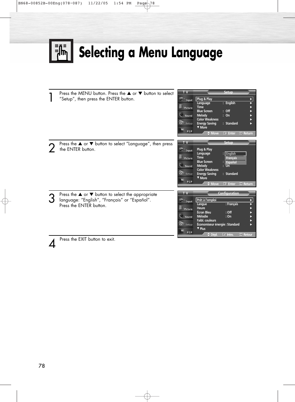 Function description, Selecting a menu language | Samsung HPR8082X-XAA User Manual | Page 78 / 92