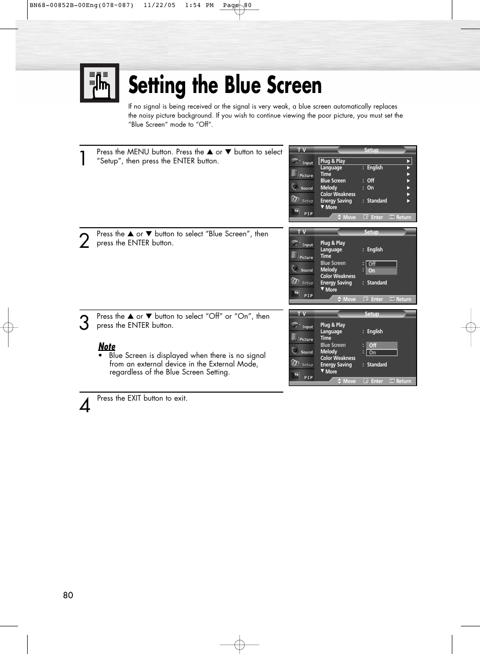 Setting the blue screen | Samsung HPR8082X-XAA User Manual | Page 80 / 92