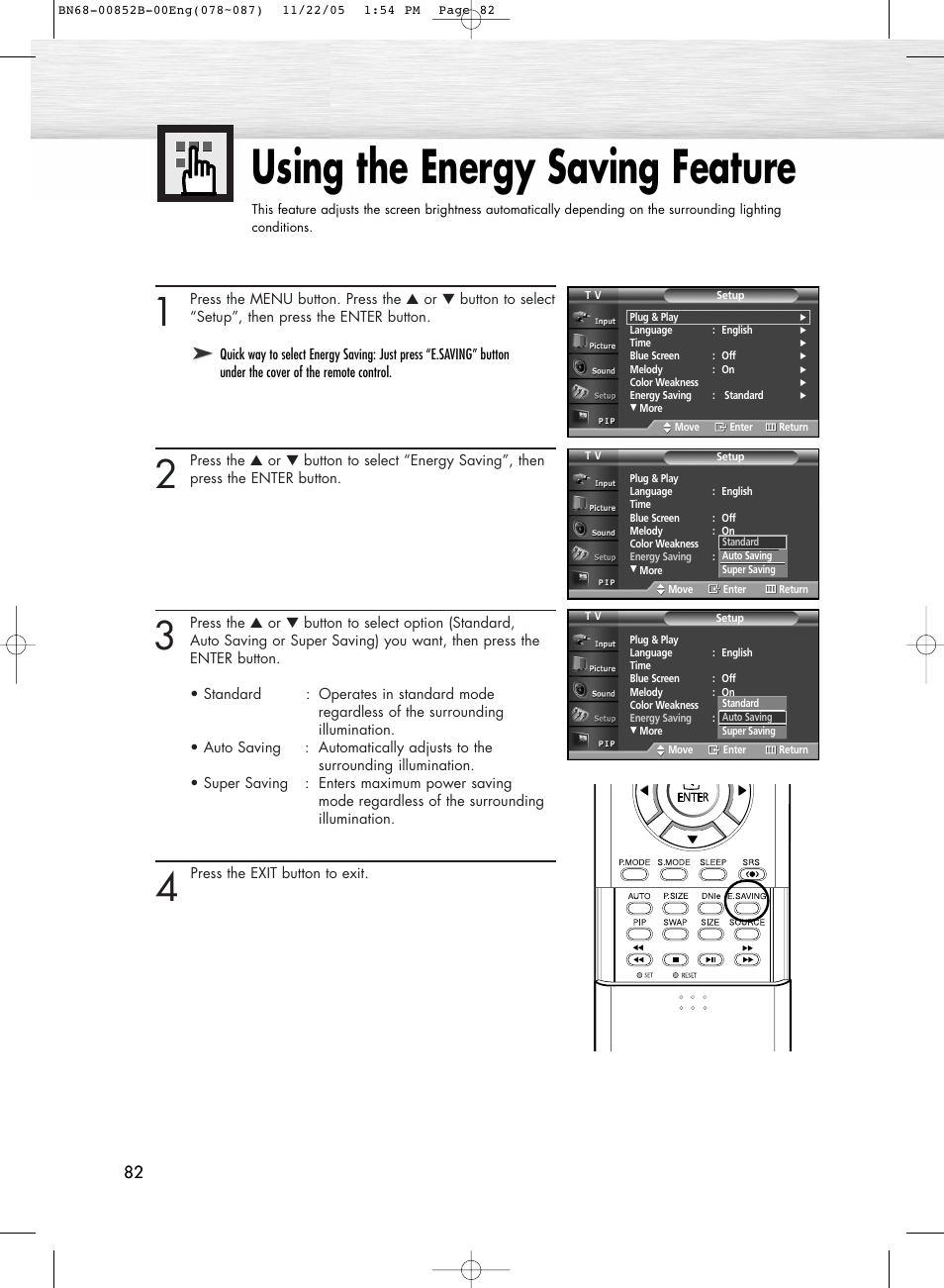 Using the energy saving feature | Samsung HPR8082X-XAA User Manual | Page 82 / 92