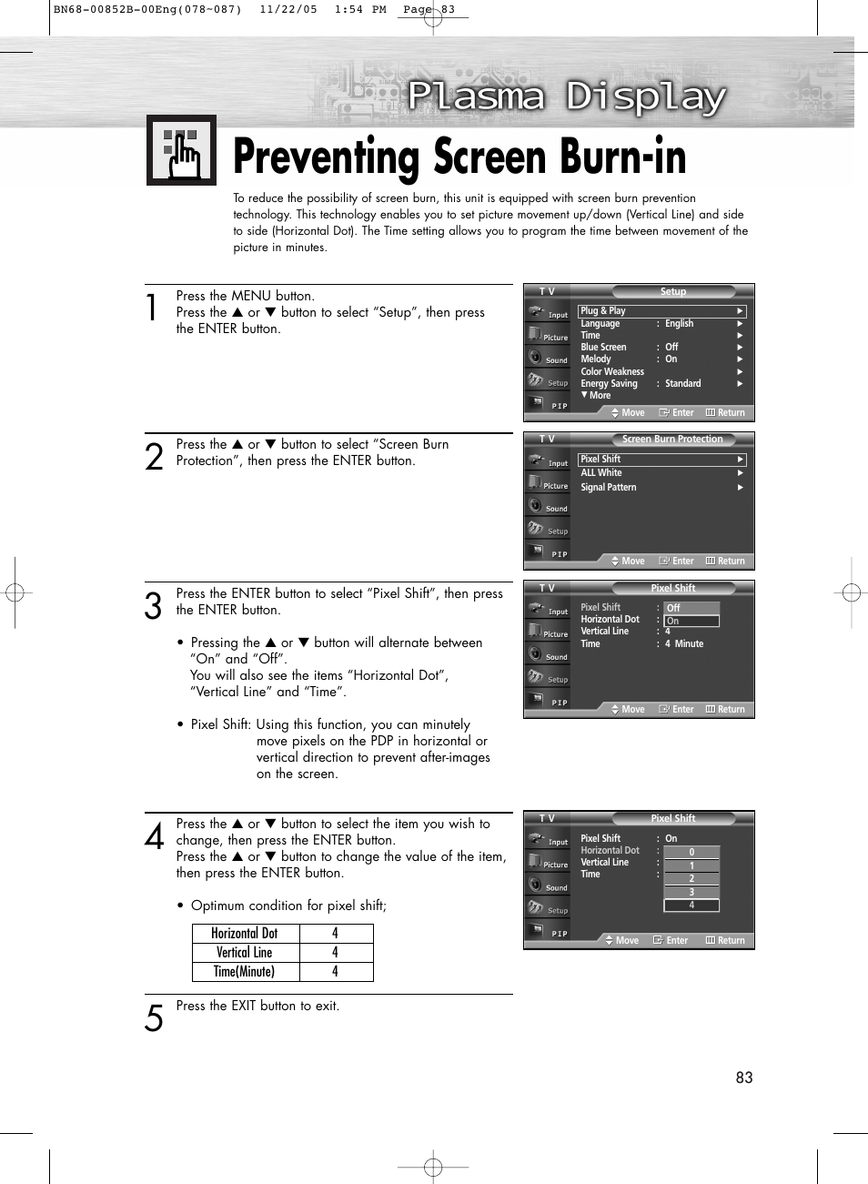 Preventing screen burn-in | Samsung HPR8082X-XAA User Manual | Page 83 / 92
