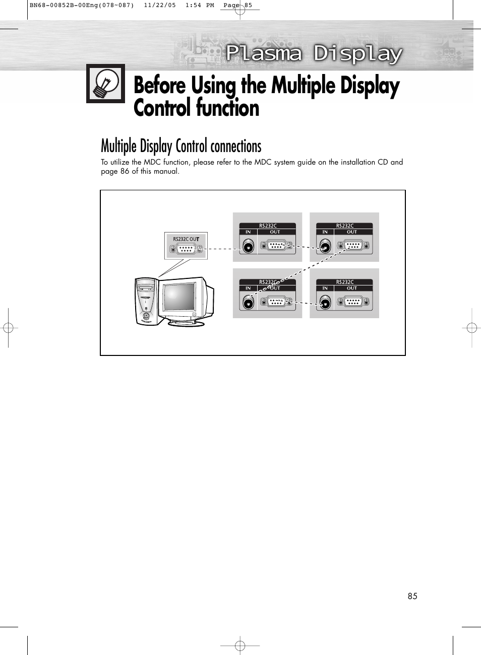 Before using the multiple display control function, Multiple display control connections | Samsung HPR8082X-XAA User Manual | Page 85 / 92