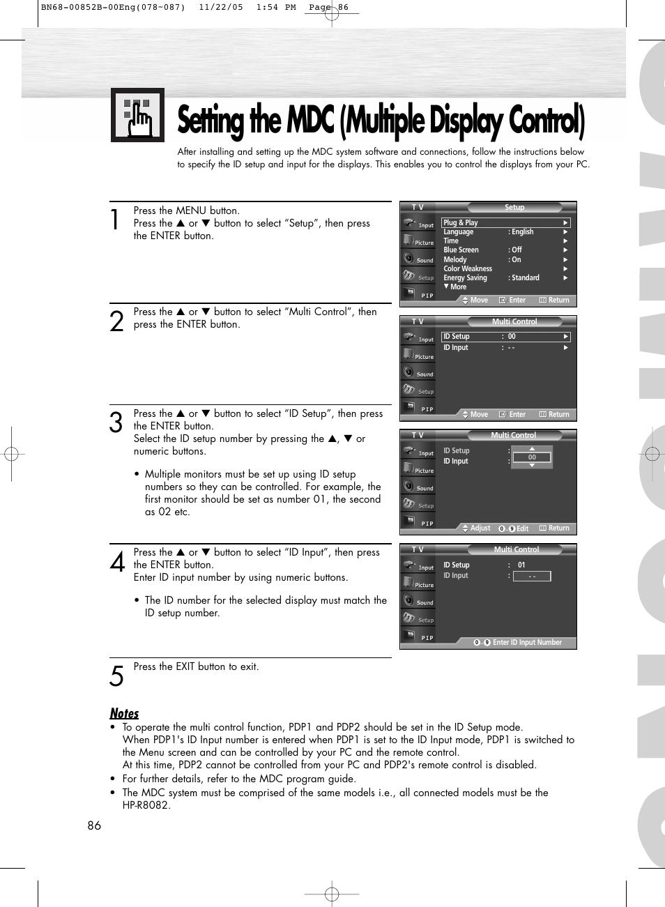 Setting the mdc (multiple display control) | Samsung HPR8082X-XAA User Manual | Page 86 / 92
