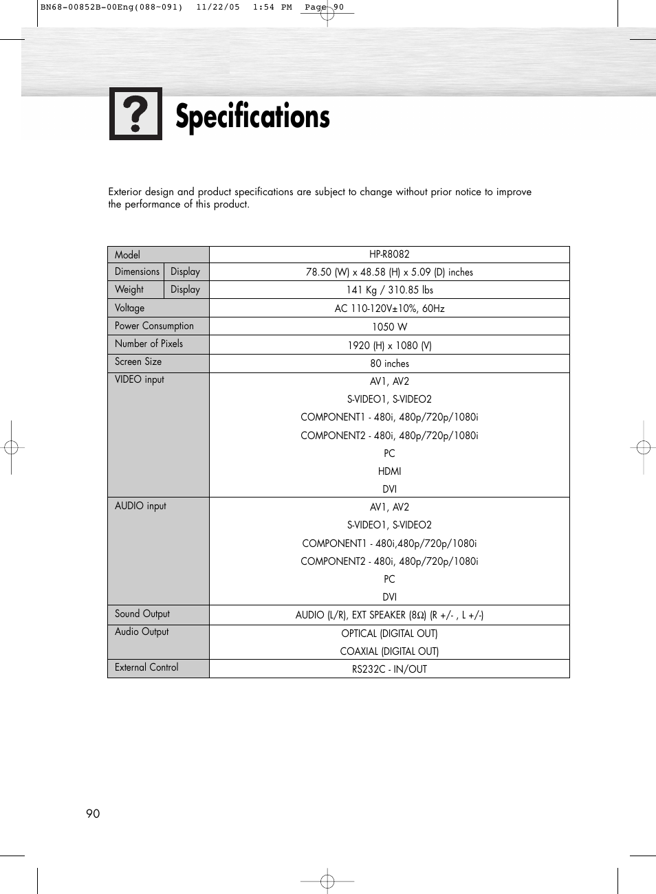 Specifications | Samsung HPR8082X-XAA User Manual | Page 90 / 92
