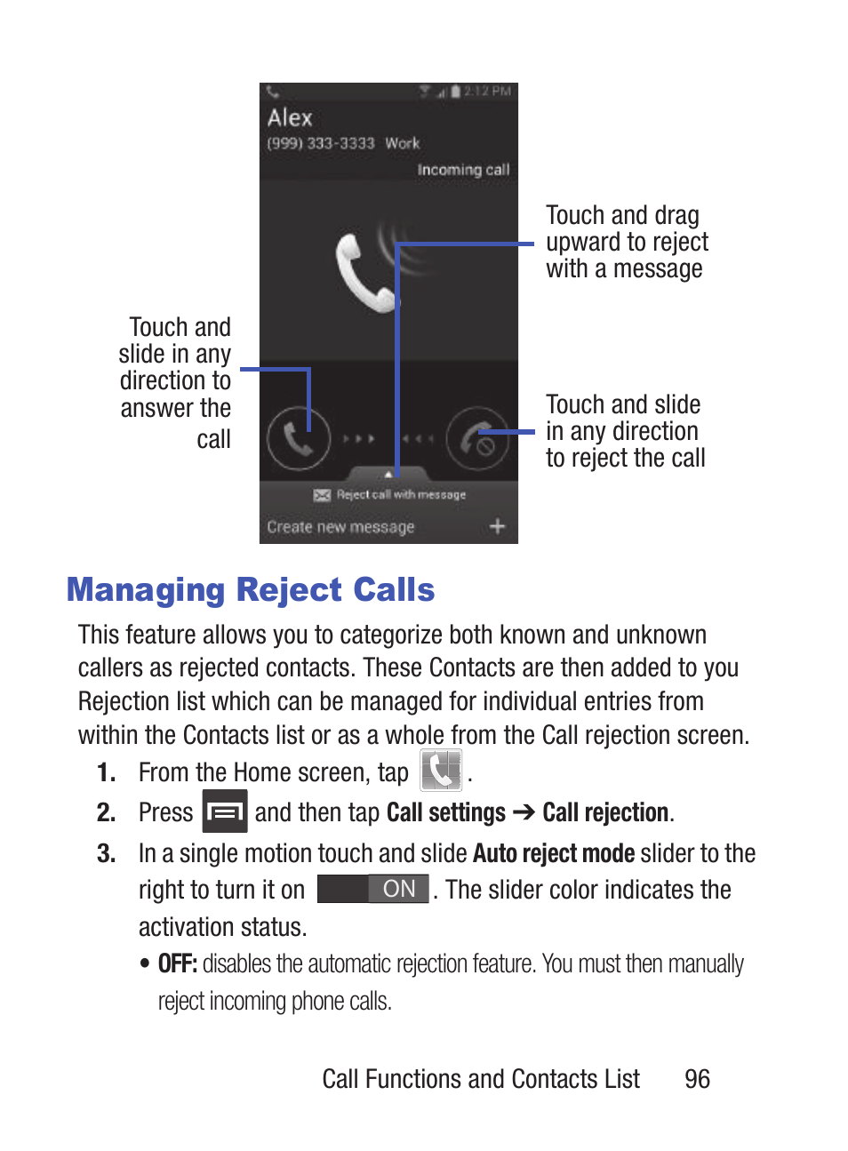 Managing reject calls | Samsung SCH-S960RWBTFN User Manual | Page 101 / 513