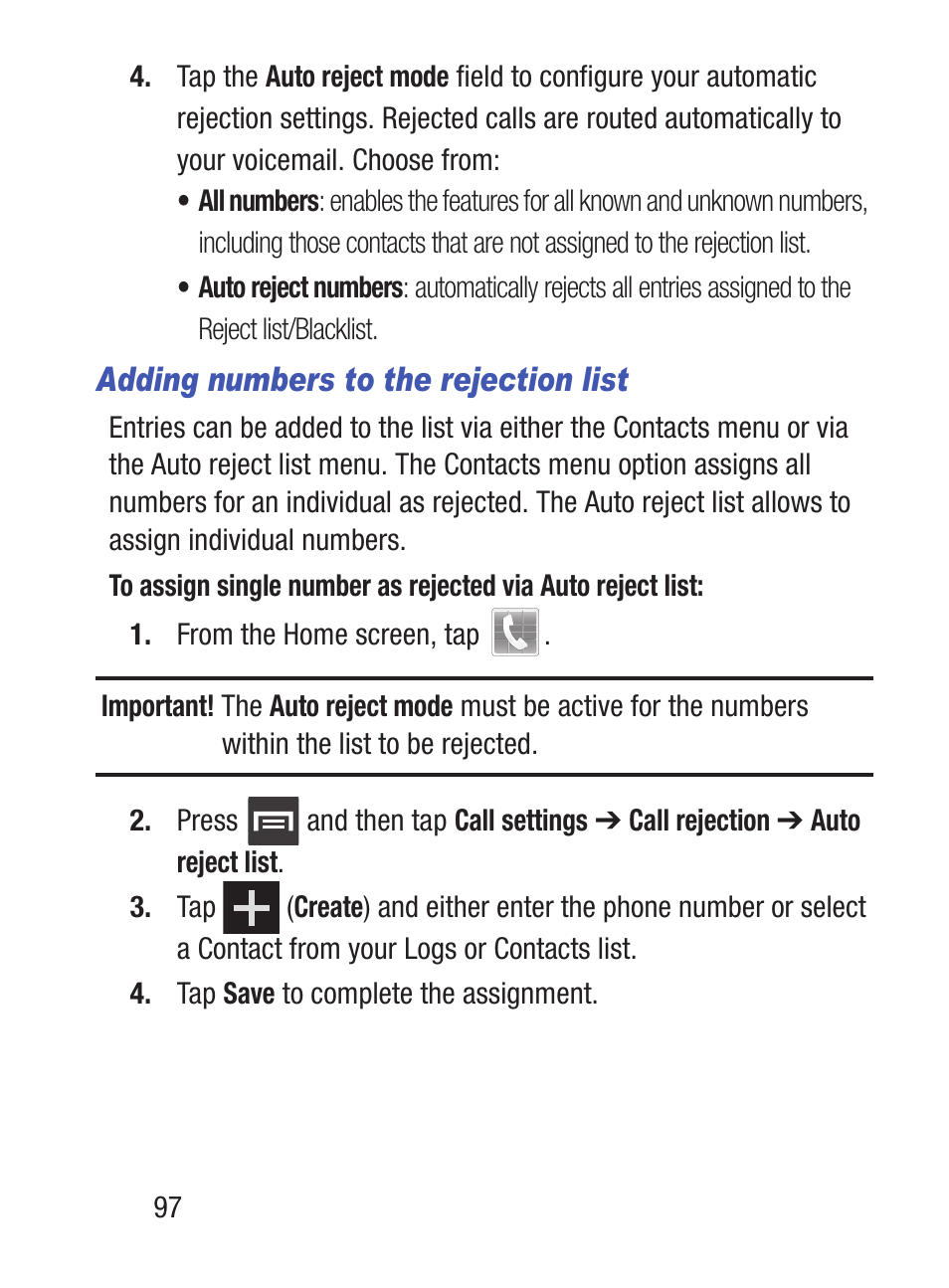 Adding numbers to the rejection list | Samsung SCH-S960RWBTFN User Manual | Page 102 / 513