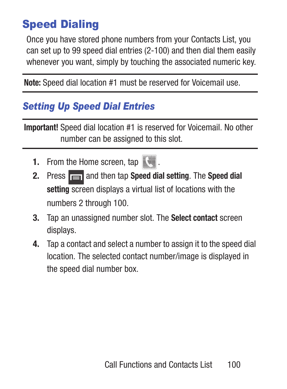 Speed dialing, Setting up speed dial entries | Samsung SCH-S960RWBTFN User Manual | Page 105 / 513