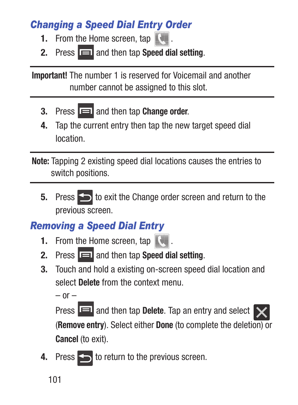 Changing a speed dial entry order, Removing a speed dial entry | Samsung SCH-S960RWBTFN User Manual | Page 106 / 513